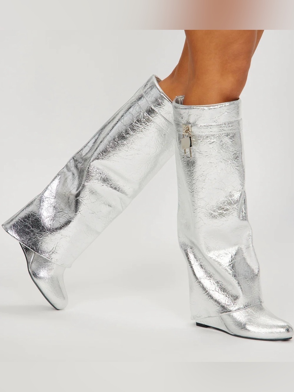 NWOB Fashion Nova Metallic Silver Knee-High Wedge Boots Size 9